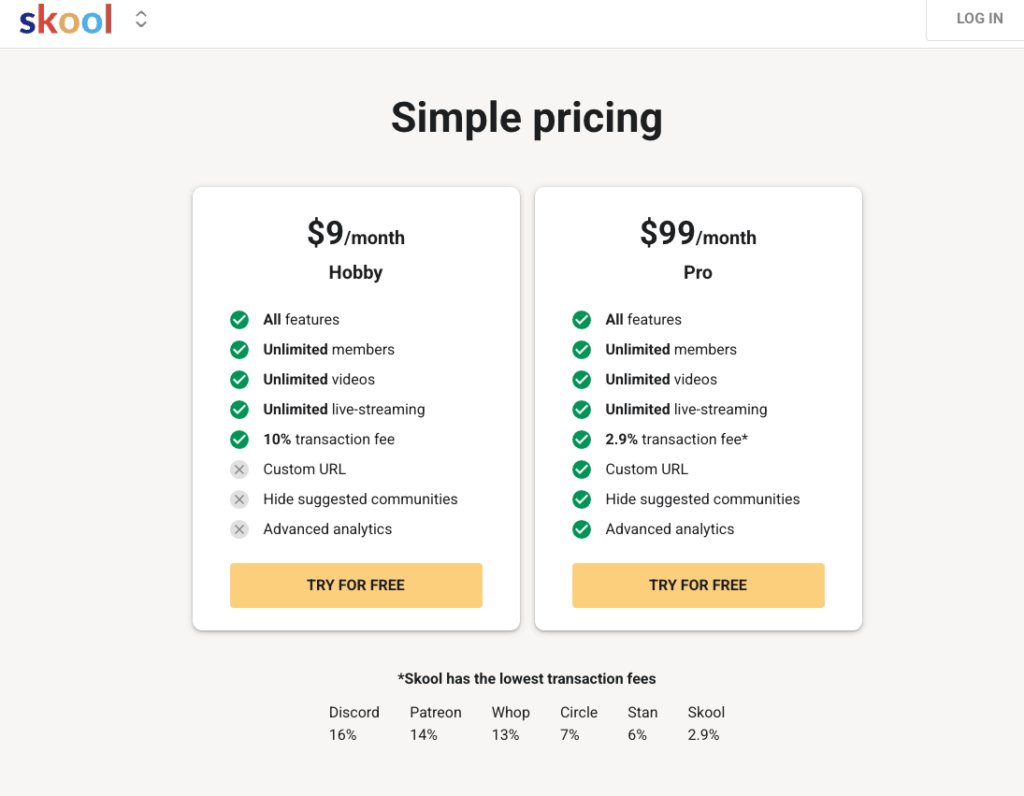 Skool Pricing Page